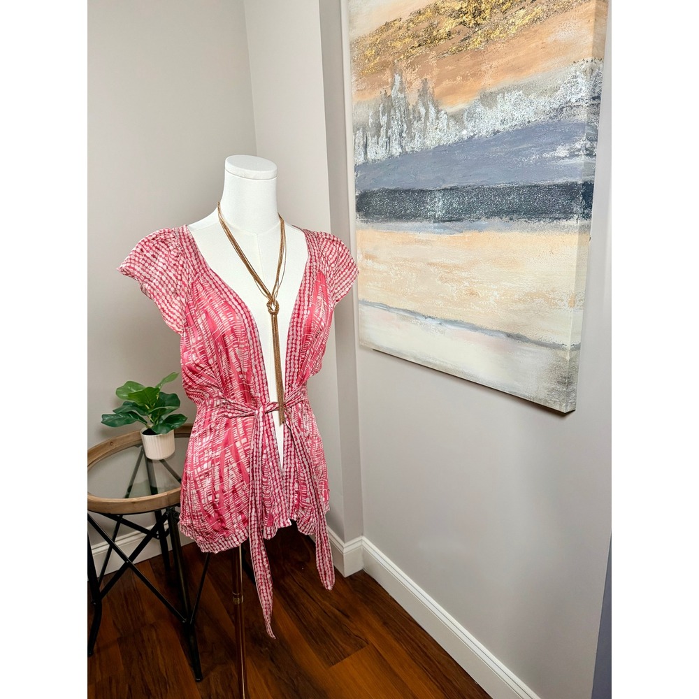 Pink Geometric Abstract Flutter Sleeve Wrap Tie Waist Blouse Top